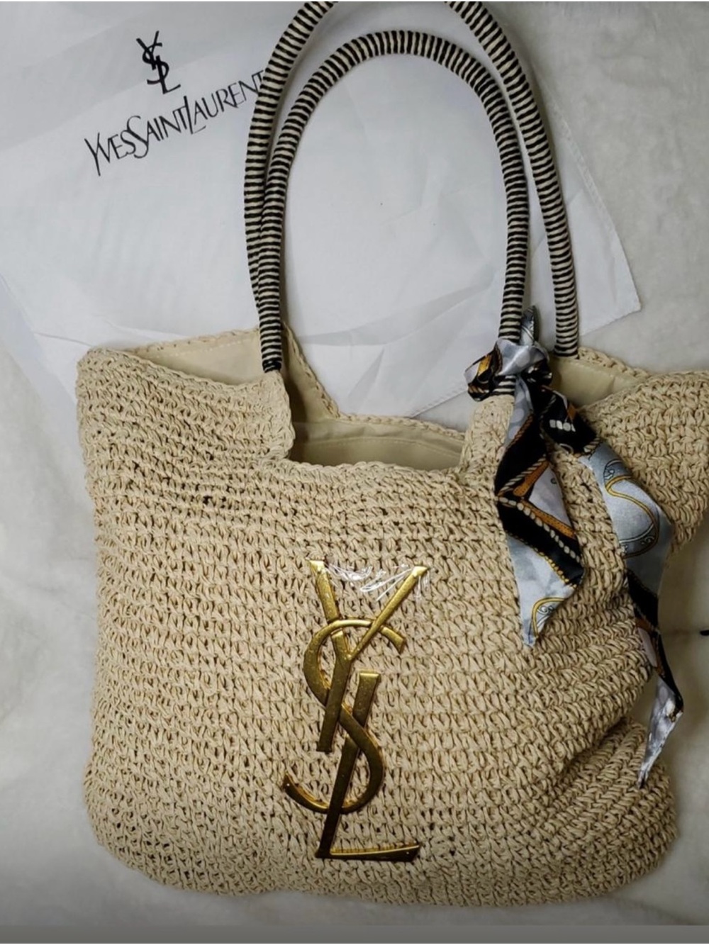 Cream Woven Tote with Gold YSL Logo and Scarf Accent